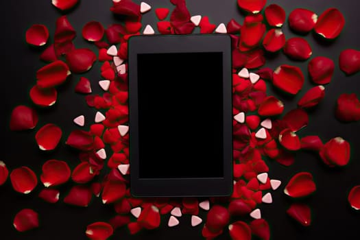 Captivating Love: A Cell Phone Embraced by Hearts, Illuminated on a Mysterious Black Canvas