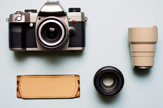 A Moment Captured: Camera, Lens, and Leather Case Displayed on Table