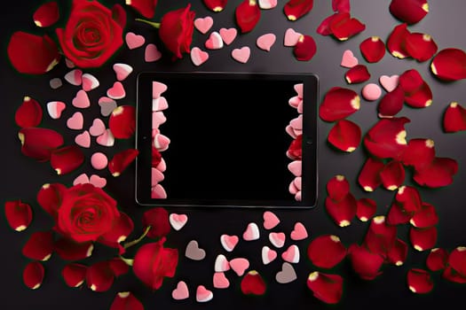 Love in a Frame: A Black Picture Frame Embraced by Red and White Hearts