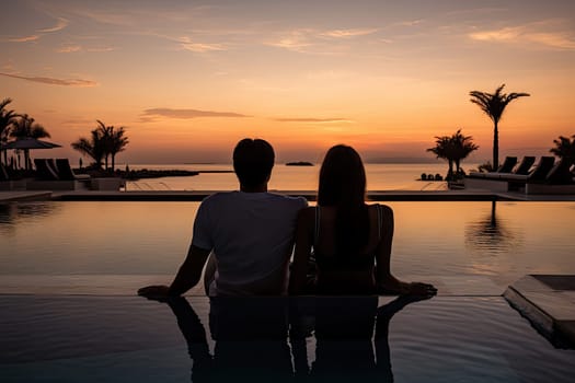 A Serene Poolside Moment: A Couple Enjoying Each Other's Company by the Water's Edge