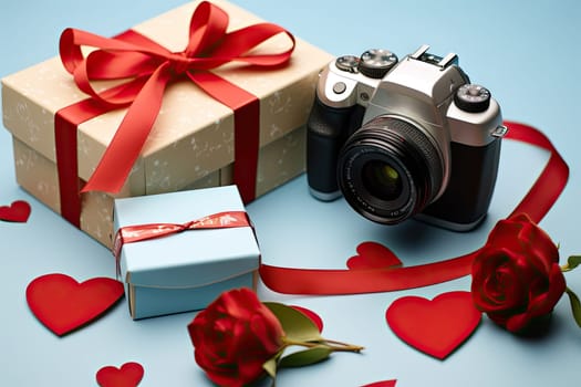 Capturing Beauty: A Camera Framing Vibrant Red Roses Against a Serene Blue Background