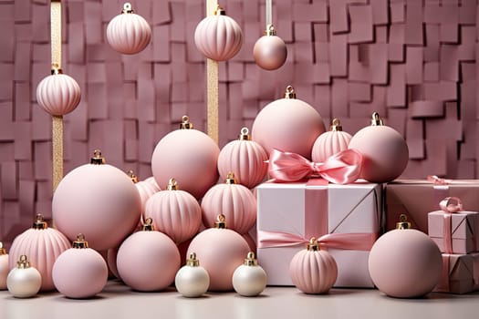 A Colorful Collection of Pink Christmas Ornaments Adorned Against a Festive Wall