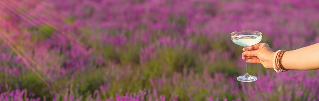 A woman drinks wine in a lavender field. Selective focus. Nature.