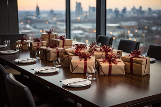 A Festive Feast of Gifts: A Long Table Overflowing with Colorful, Wrapped Presents Created With Generative AI Technology