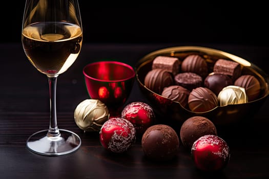 A Tempting Pairing: A Glass of Wine and a Selection of Decadent Chocolates Created With Generative AI Technology