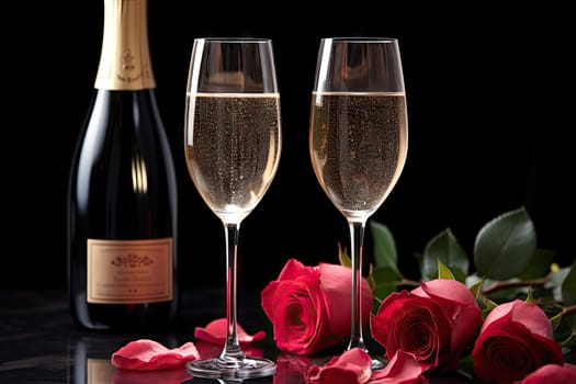 Elegant Celebration: Two Champagne Flutes Toasting Romance Amidst a Dark and Enchanting Setting Created With Generative AI Technology