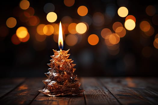 A Shimmering Christmas Tree Lighting Up a Rustic Wooden Table Created With Generative AI Technology