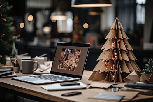 A Serene Workspace: A Wooden Desk with a Sleek Laptop Computer