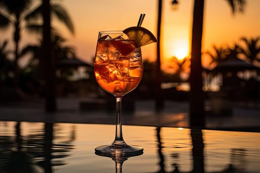Tropical Sunset: Refreshing Beverage Amidst Tranquil Palm Paradise