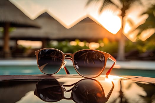 The Cool Reflections of Summer: A Pair of Stylish Sunglasses Resting on a Crystal Clear Pool Surface Created With Generative AI Technology