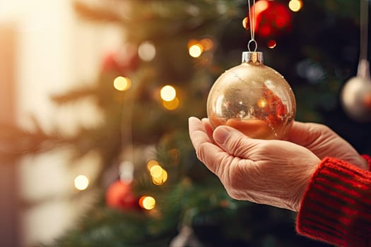 Captivating Christmas Magic: A Person Holding a Ornament in Front of a Festive Christmas Tree Created With Generative AI Technology