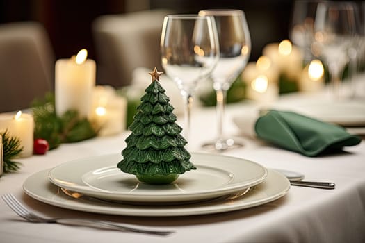 A Festive Christmas Dinner Table Set with Candles and Holiday Decorations Created With Generative AI Technology