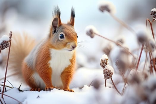 A Majestic Red Squirrel Perched on a Serene Winter Wonderland