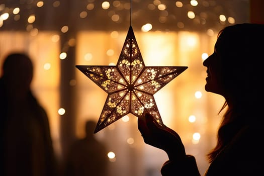 A Woman Spreading Festive Joy with a Shining Star in Front of a Window Created With Generative AI Technology