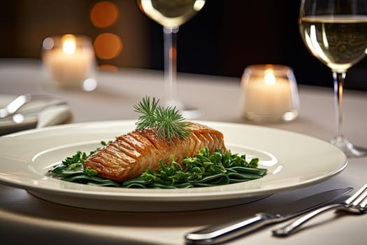 A Delicious Seafood Delight: Grilled Salmon with a Side of Wine Created With Generative AI Technology