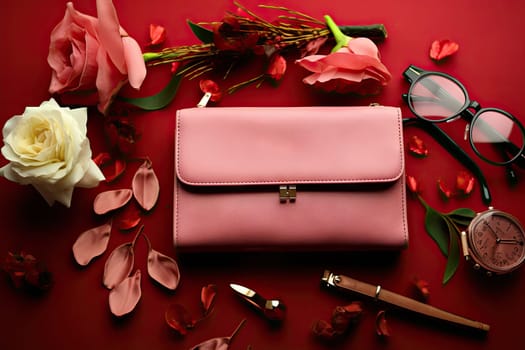 A Fashionable Statement: A Pink Purse on a Vibrant Red Table