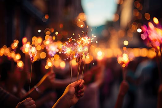 A Captivating Moment: People United in Celebration, Holding Sparklers Created With Generative AI Technology