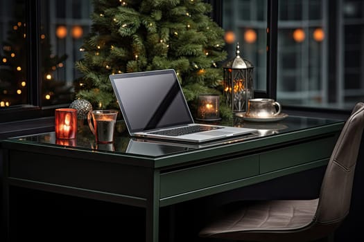The Festive Workspace: A Laptop Computer on a Desk Surrounded by a Christmas Tree and Decorations Created With Generative AI Technology
