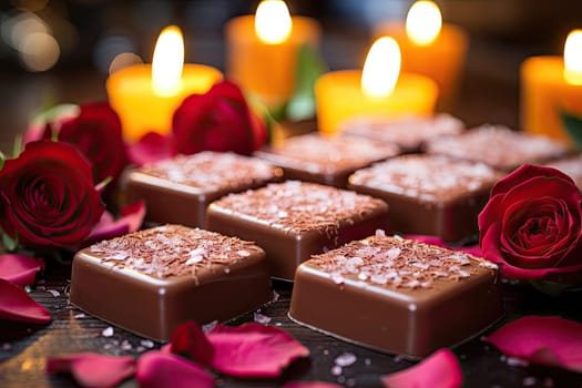 A Table Overflowing with Tempting Chocolate Delights and Fragrant Rose Petals