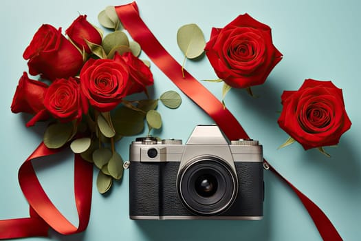 A Captivating Bouquet of Roses and a Camera, Perfect for a Thoughtful Gift