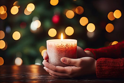 Illuminating Christmas Joy: A Person Holding a Lit Candle in Front of a Festive Christmas Tree