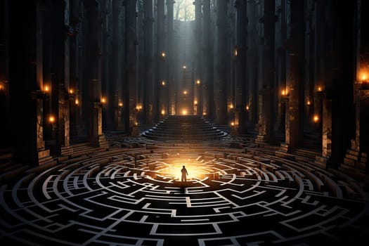 The Enigmatic Explorer: A Lone Adventurer Surrounded by the Intricate Pathways of a Mysterious Maze