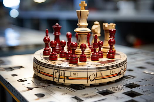 A Classic Wooden Chess Set with Elegant Red and Gold Pieces