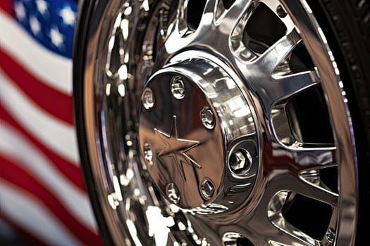 Patriotic Pride: A Close-Up of a Tire with an American Flag in the Background Created With Generative AI Technology