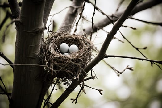 A Serene Avian Abode: A Bird Nest with Two Eggs Perched in a Majestic Tree Created With Generative AI Technology