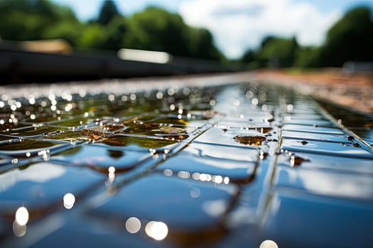 Glistening Reflections: A Close-Up of Glass Tile with Sparkling, Transparent Water Droplets