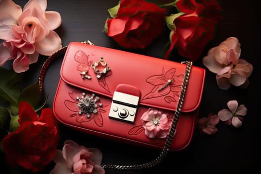 A Vibrant Red Purse Contrasting with a Table Adorned by Lush Flowers