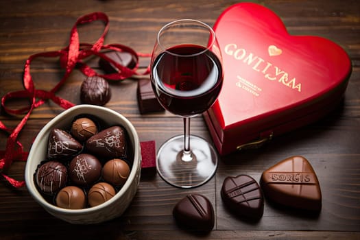 A Sweet Gesture: Heart Shaped Box of Chocolates and Wine for a Romantic Evening Created With Generative AI Technology