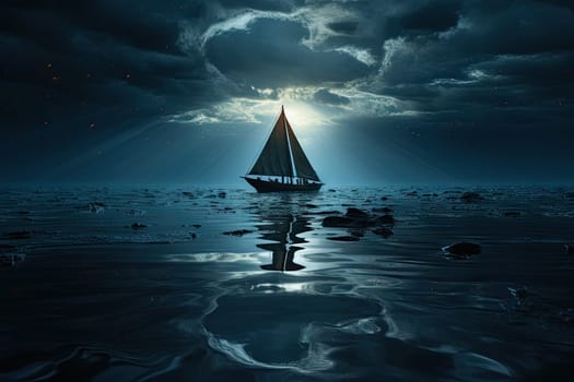A Serene Journey: A Boat Gracefully Gliding on Calm Waters Beneath a Majestic Cloud-Filled Sky
