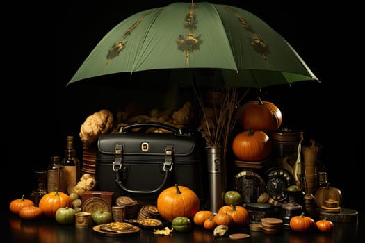 A Cozy Getaway: A Suitcase Finding Shelter Under a Vibrant Green Umbrella, Surrounded by Miscellaneous Objects