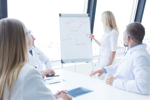 Team of medical doctors discuss mental health concept at presentation in clinical office