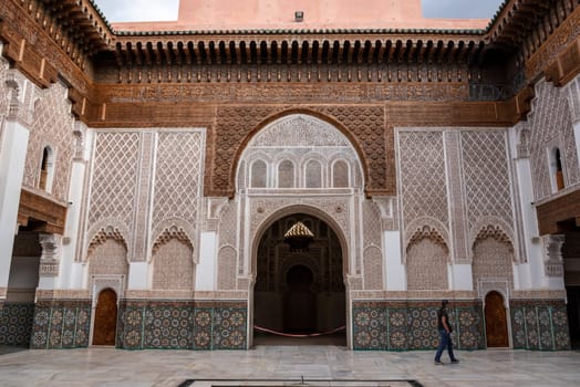 MARRAKECH, MOROCCO - APRIL 18, 2023 - Famous Medersa Ben Youssef in the medina of Marrakech