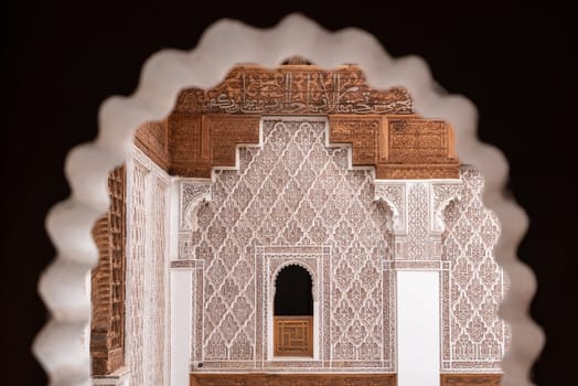 MARRAKECH, MOROCCO - APRIL 18, 2023 - Famous Madrassa Ben Youssef in the medina of Marrakech