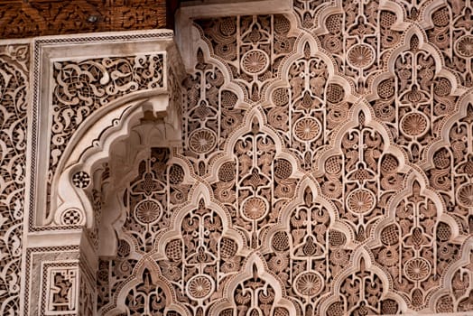 MARRAKECH, MOROCCO - APRIL 18, 2023 - Famous Madrassa Ben Youssef in the medina of Marrakech