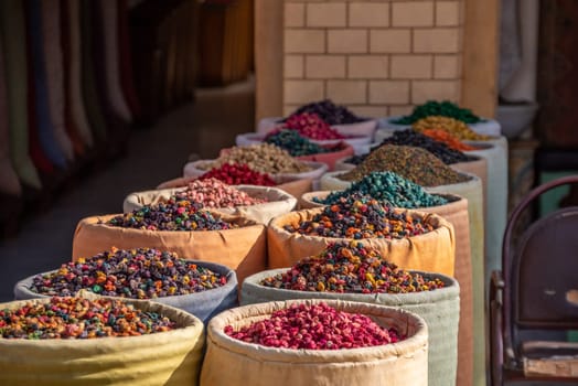 Impressions of typical Moroccan souks in the medina of Marrakech