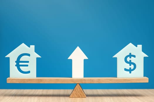 Increasing the cost of housing. House models with dollar and euro symbols balance on the scales. Banner on the theme of real estate discounts on a blue background and a white arrow pointing up