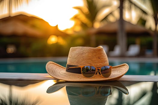 Summer Vibes: Stylish Hat and Sunglasses Poolside Created With Generative AI Technology