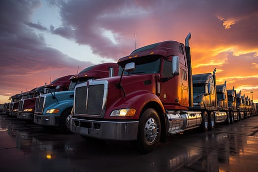 A Line of Parked Semi Trucks Stretching into the Distance Created With Generative AI Technology