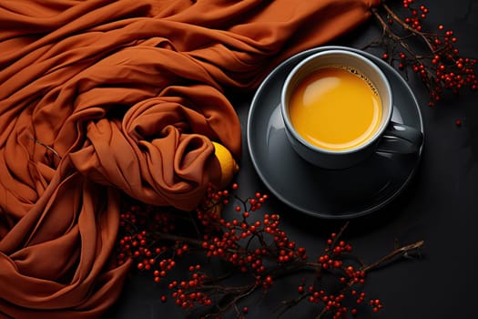 A Cozy Morning: Enjoying a Warm Cup of Tea with a Soft Cloth on a Wooden Table