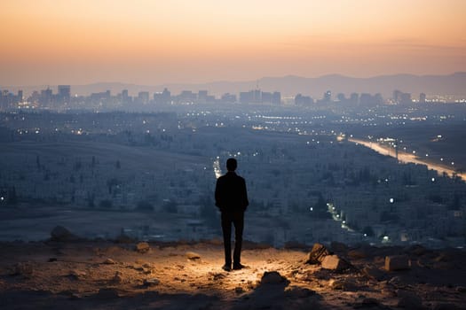 The Serene Observer: A Person Gazing from the Summit, Captivated by the Enchanting Cityscape