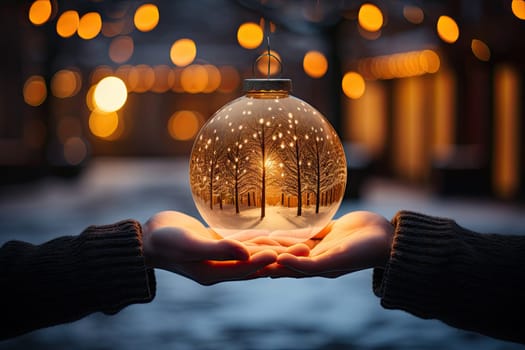 A Joyful Celebration: Holding a Shimmering Christmas Ornament, Surrounded by Festive Decorations and Warm Glow Created With Generative AI Technology