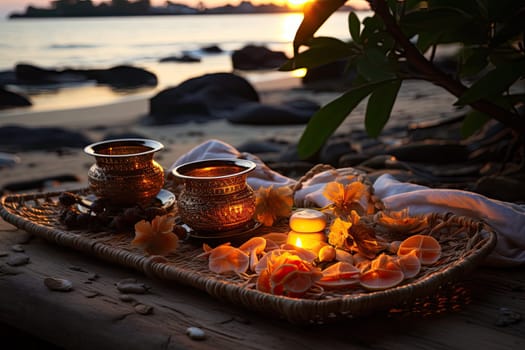A Serene Evening Glow: Candles Illuminating a Sandy Beach at Sunset Created With Generative AI Technology