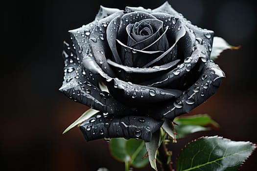 The Majestic Beauty of a Black Rose Glistening with Dew Drops