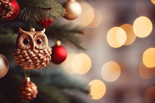 A Majestic Owl Ornament Perched on a Glittering Christmas Tree Branch Created With Generative AI Technology
