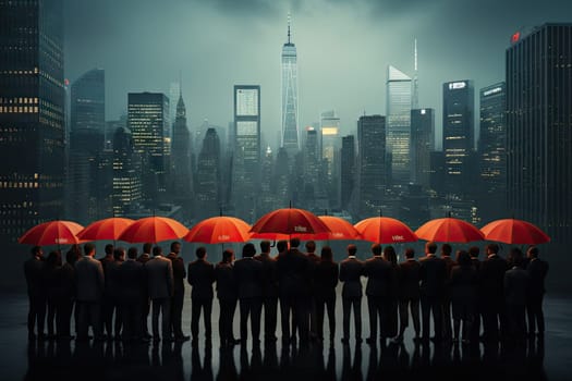 A Vibrant Cityscape: People Embracing the Rainy Day with Red Umbrellas