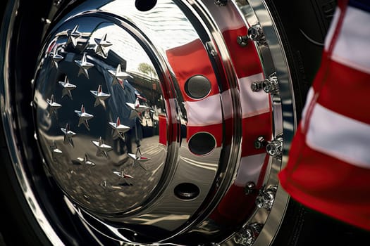 Patriotic Pride: A Detailed View of an American Flag Adorning a Motorcycle Tire Created With Generative AI Technology